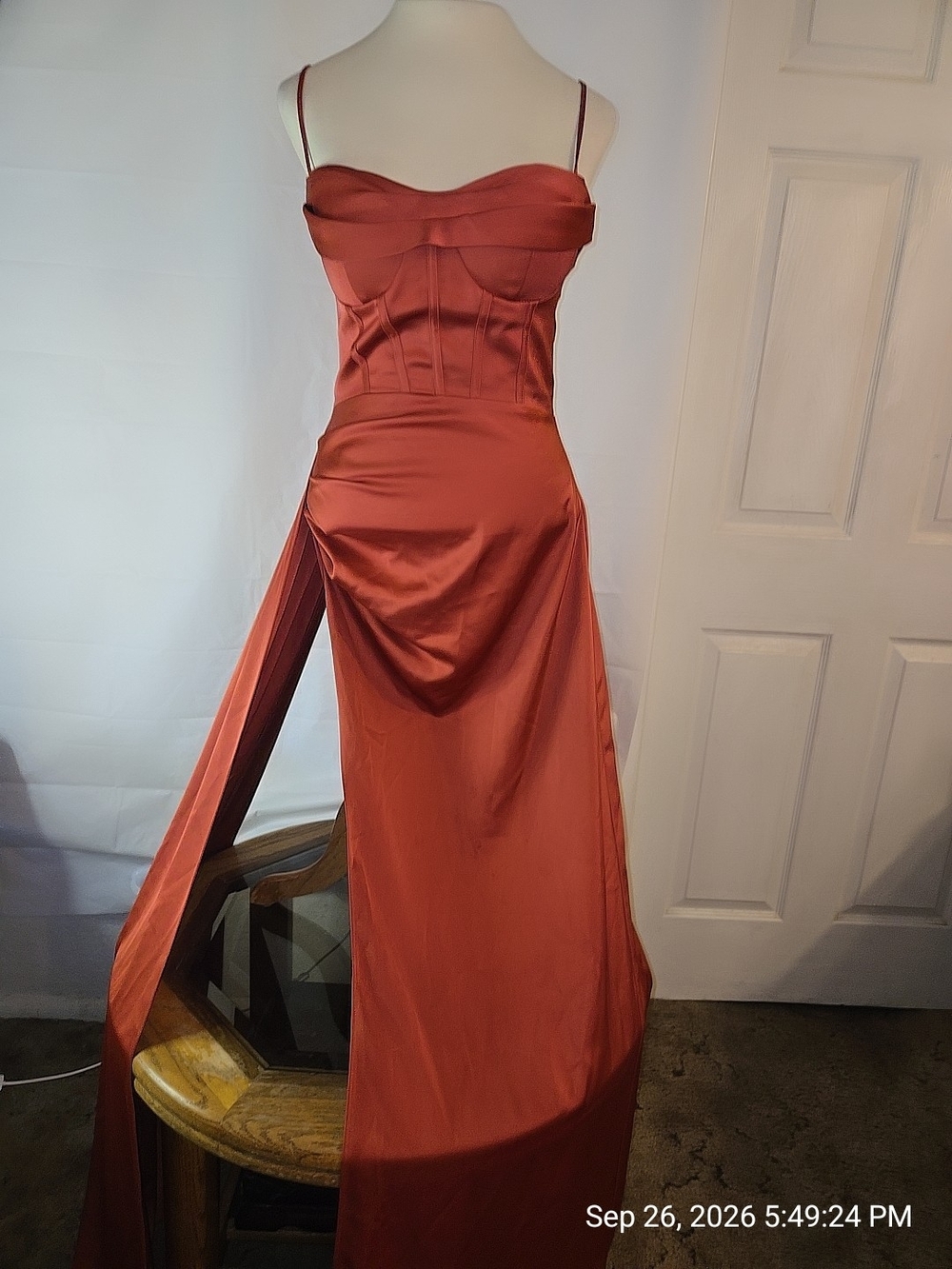 Fashion Nova Satin Rust Red Prom Dress with Spaghetti Straps
